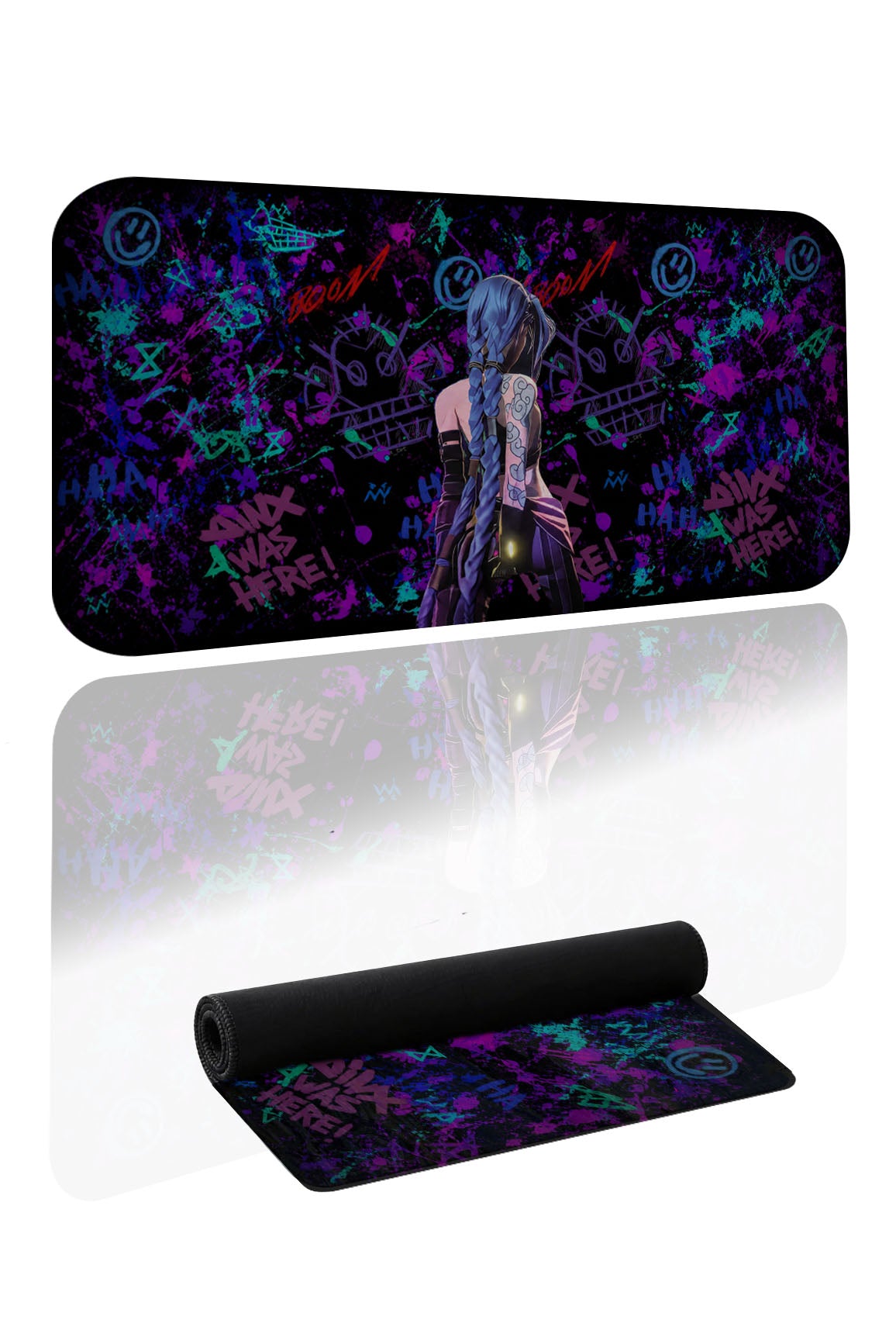 Arcane Jinx karakteri ve neon grafiti desenli mor ve mavi tonlarında büyük oyuncu mousepad