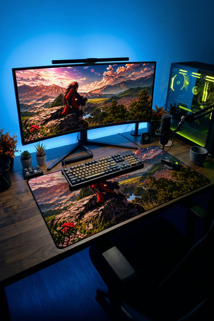 Madara Uchiha karakteri içeren dağ manzaralı desenli büyük oyuncu mousepad
