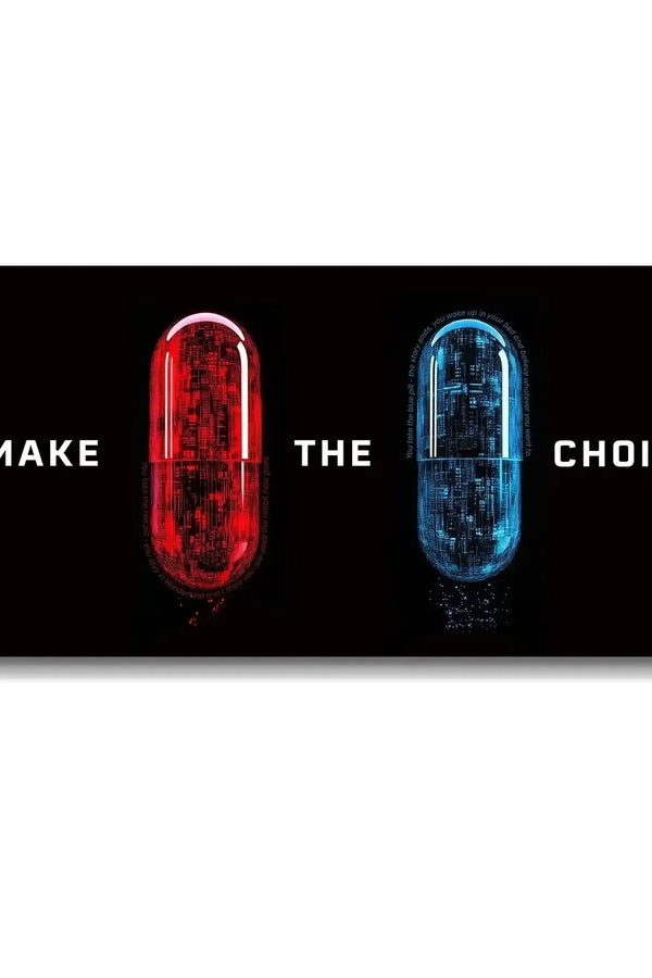 Siyah arka planda kırmızı ve mavi renkli dijital kapsüller ve 'Make The Choice' yazısı kokteyl tablo