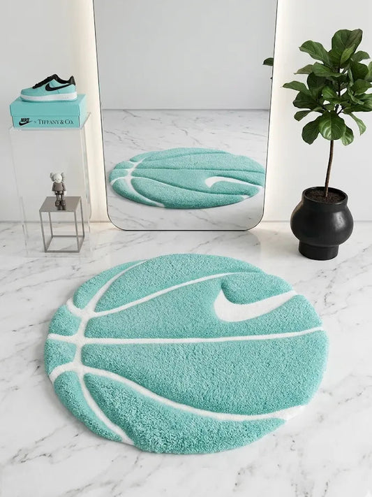 Mint yeşili ve beyaz renklerde, Nike swoosh logolu, basketbol topu şeklinde özel tasarım tufting halı.
