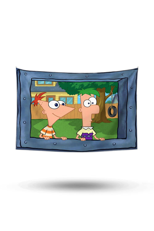Phineas ve Ferb karakterlerini içeren mavi çerçeveli çocuk odası duvar örtüsü