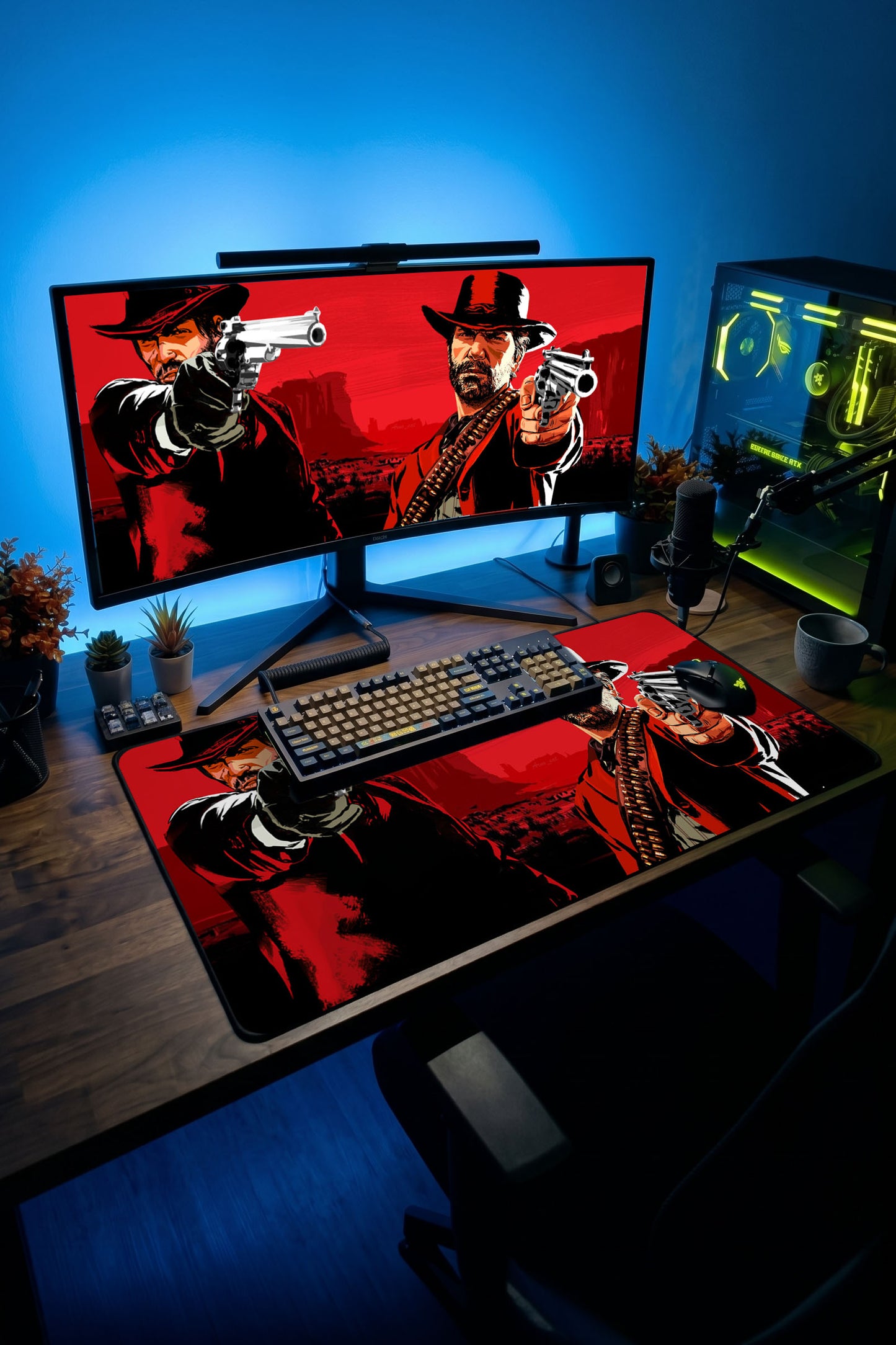 Arthur Morgan ve John Marston figürlü kırmızı ağırlıklı desenli büyük oyuncu mousepad