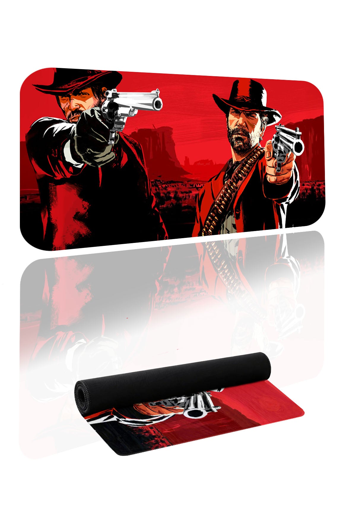 Arthur Morgan ve John Marston figürlü kırmızı ağırlıklı desenli büyük oyuncu mousepad