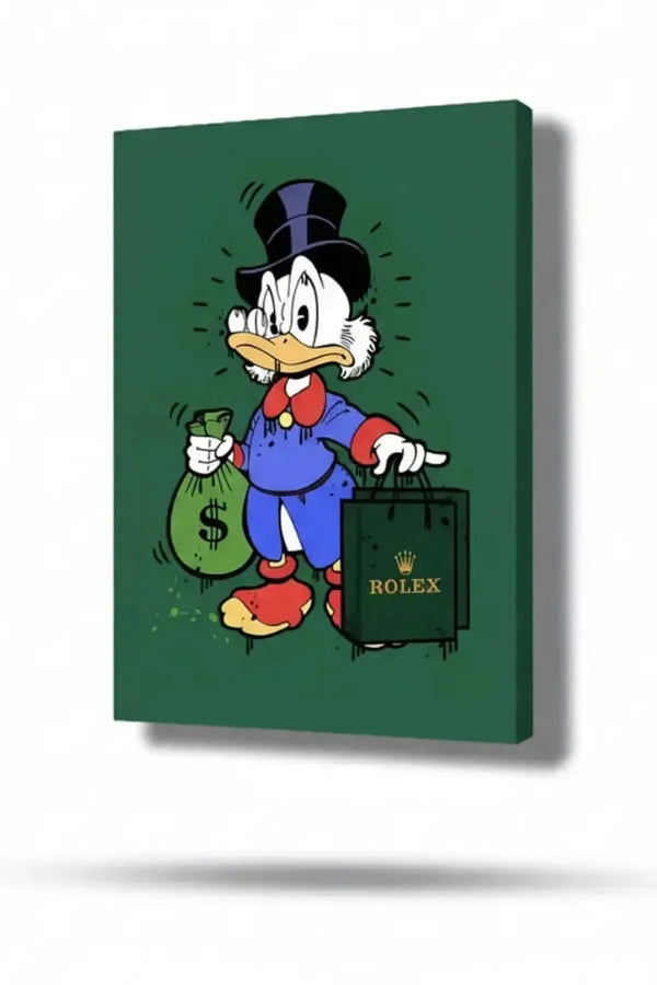 Parlak yeşil arka planda, şapkalı ördek ve elinde para çantası ile Rolex alışveriş torbası taşıyan karakter kokteyl tablo