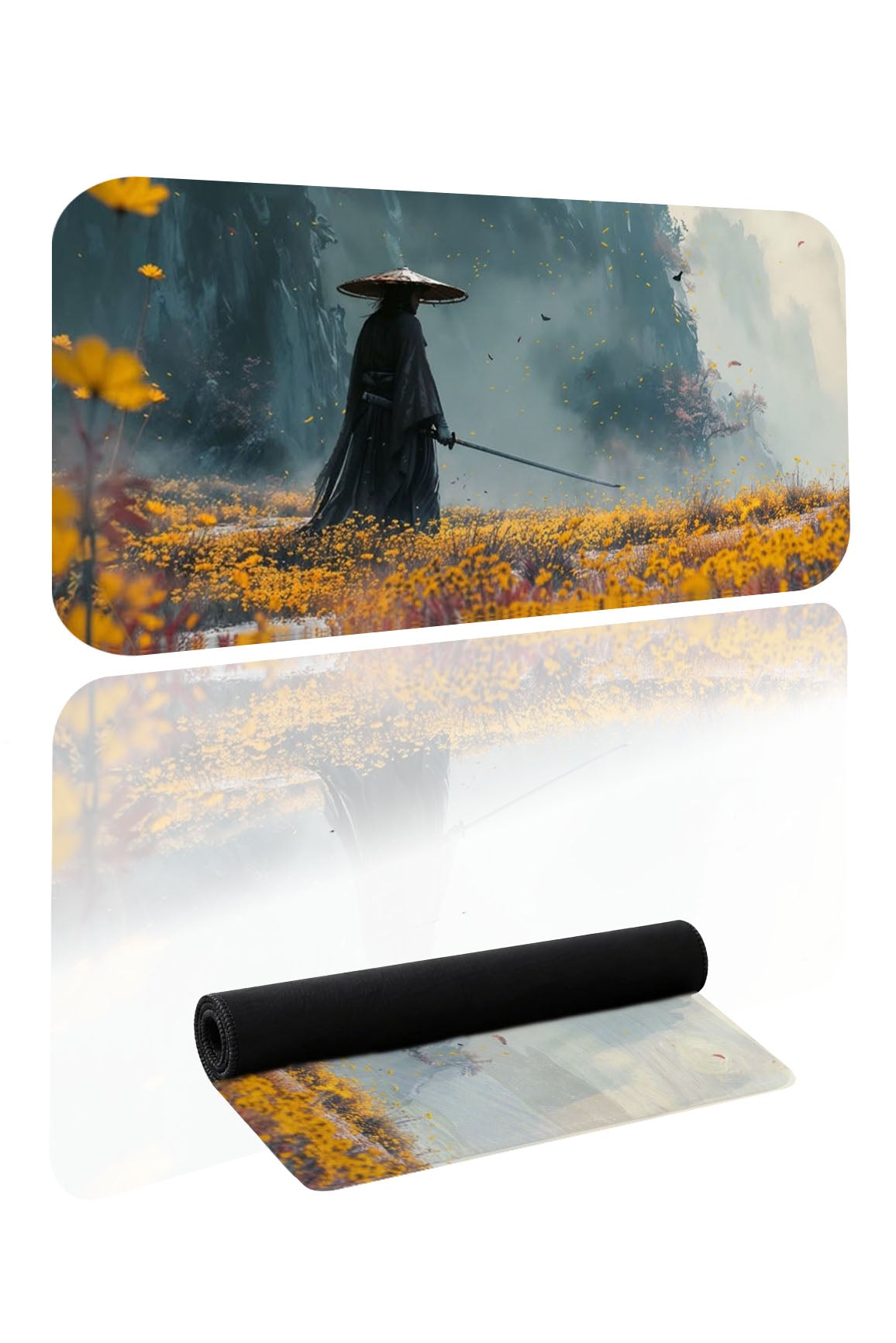 Samuray figürlü sarı çiçekli desenlere sahip büyük boy geniş mousepad