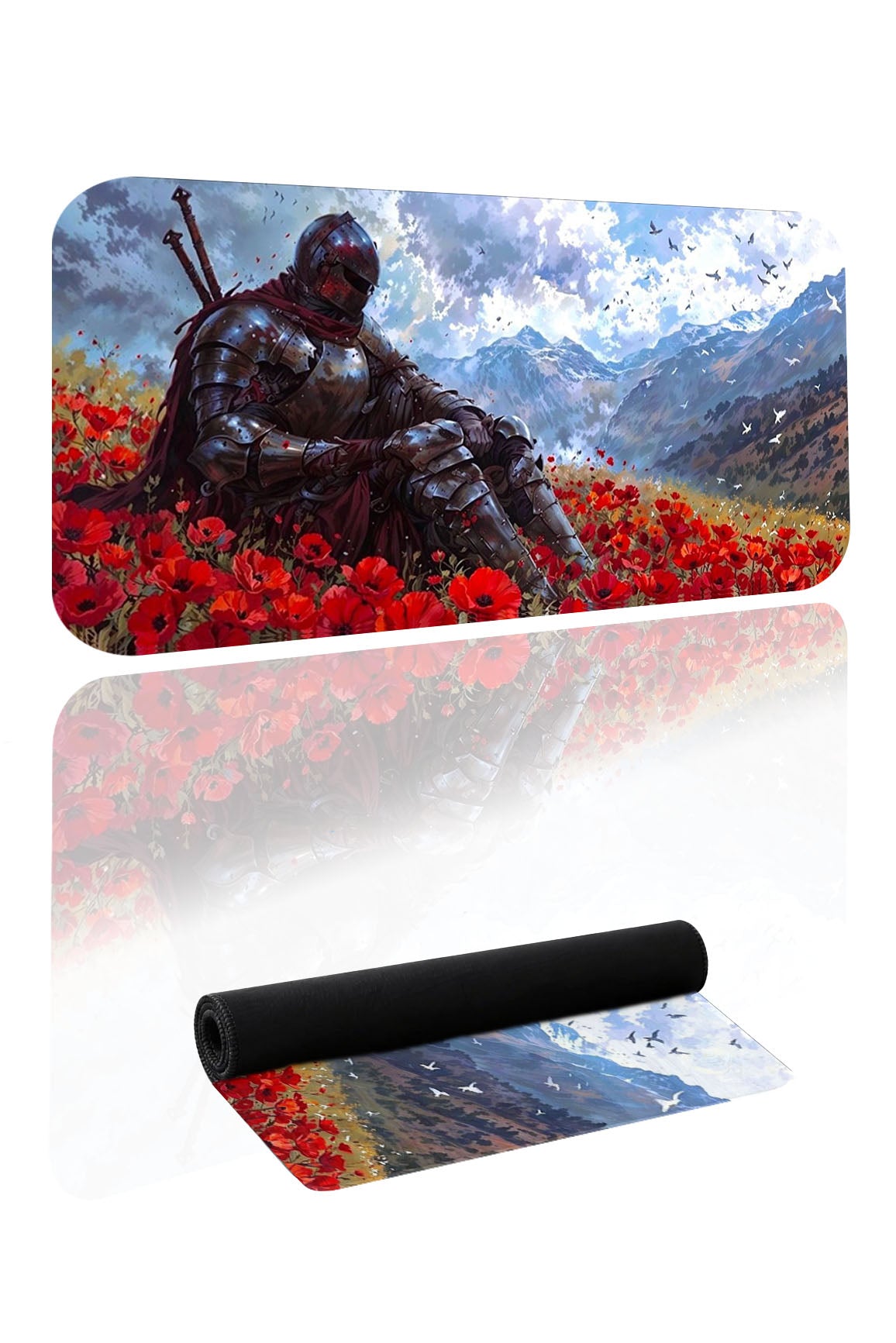 Kırmızı çiçekler arasında şövalye figürlü desenli geniş oyuncu mousepad