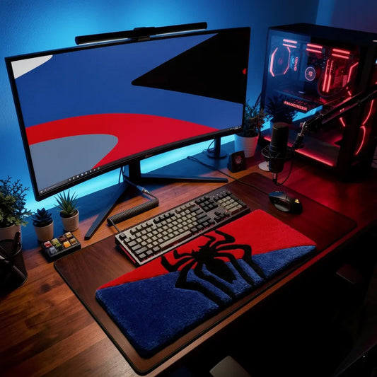 Spiderman temalı kırmızı mavi tufting klavye altlığı, oyuncu masası için.