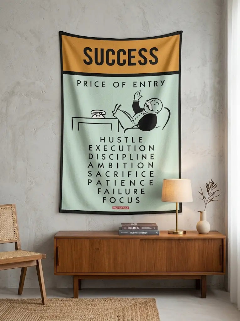 Monopoly temalı 'Success' duvar örtüsü, sarı yeşil renklerde motivasyonel ev ofis dekoru.