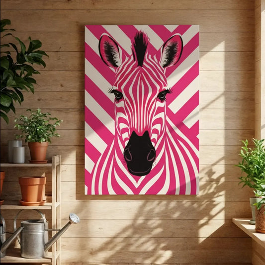 Pembe ve beyaz çizgili zebra figürlü modern kokteyl tablo, doğal ahşap duvarda bitkilerle